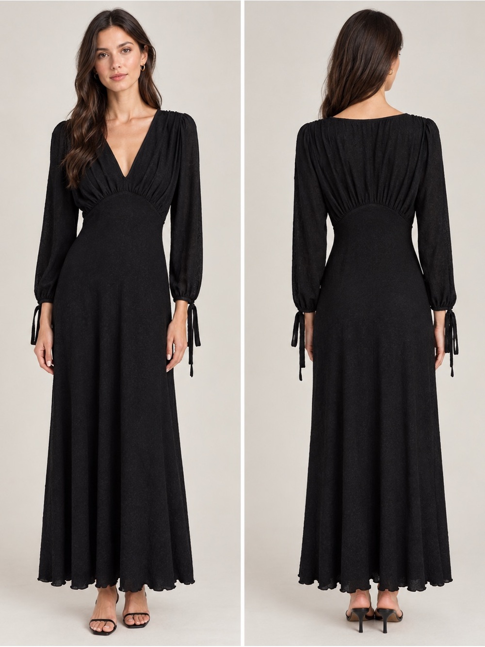 Zara Black Long Sleeve V-Neck Midi / Maxi Dress Size S